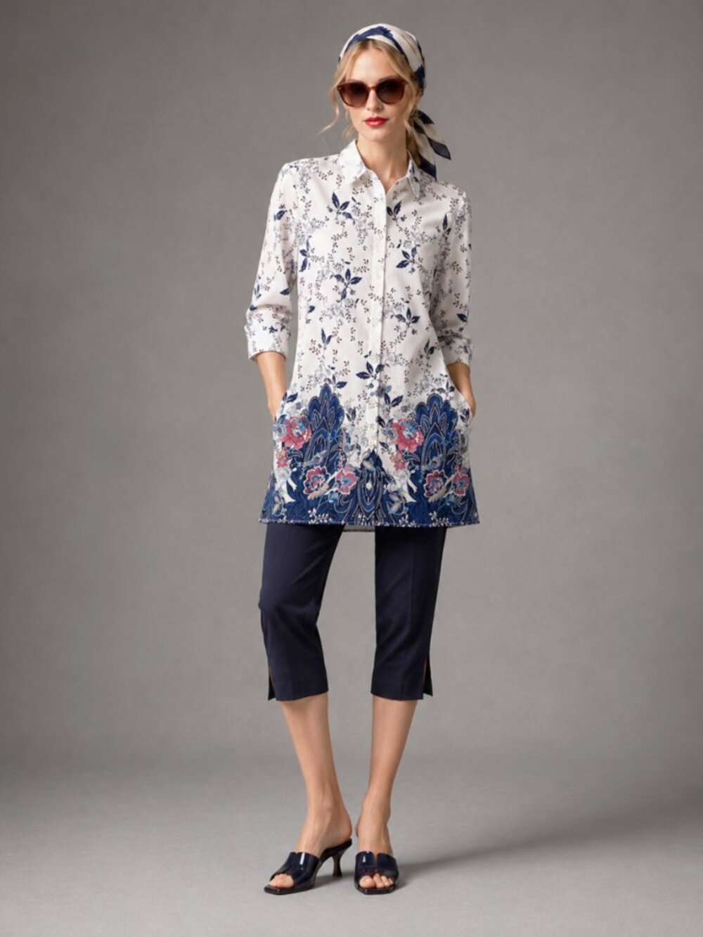 Floral Cotton No-Iron Shirts Tunic 3/4 Sleeves Pockets Brunch Coastal